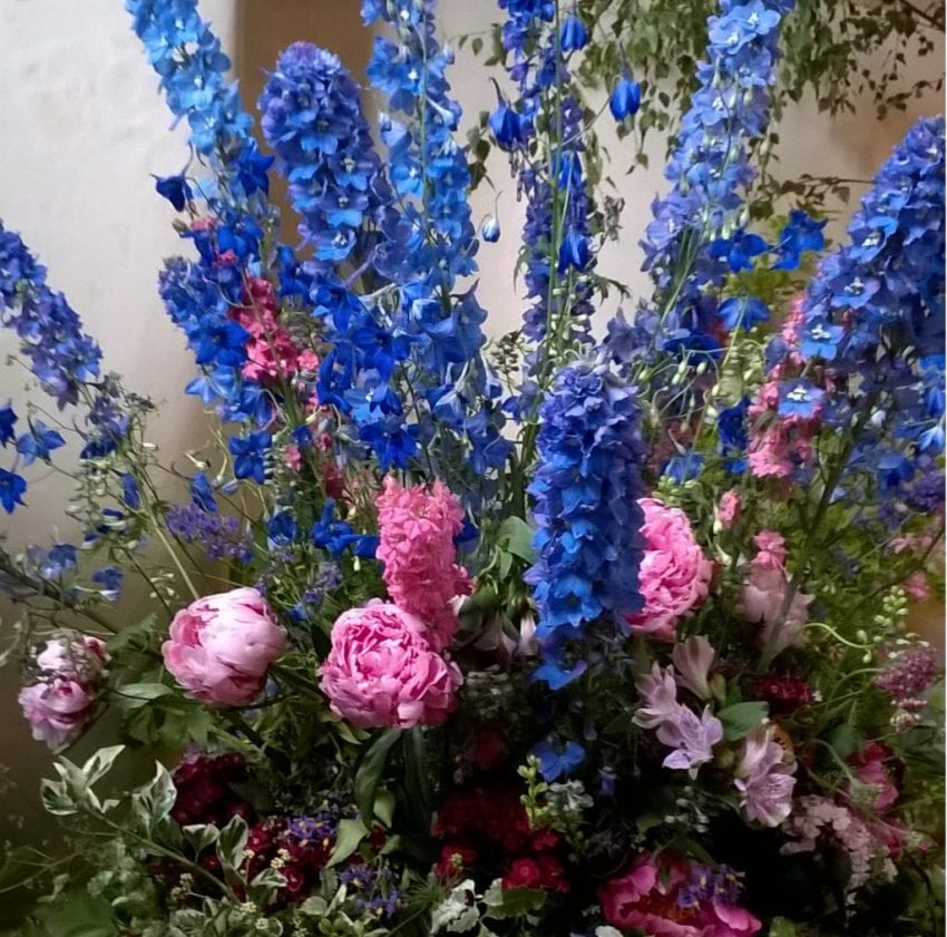 english peony delphinium flower arrangement
